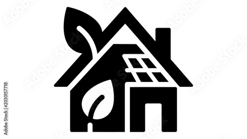 Ecofriendly house icon with leaf and solar panel, sustainable living concept, green energy home symbol, vector illustrat