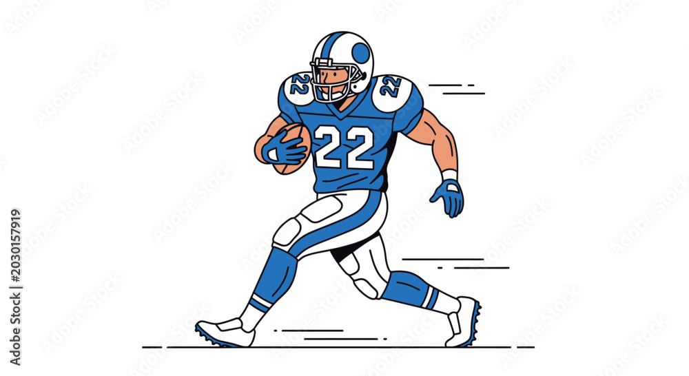 Fototapeta premium Vector illustration of an American football player in a blue uniform running with the ball, featuring a clean line art style on a white background.
