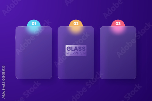 Modern glassmorphism infographic template with three transparent screens, glowing circles and purple background. Futuristic UI design elements. Ideal for presentation, business steps, dashboard, web.