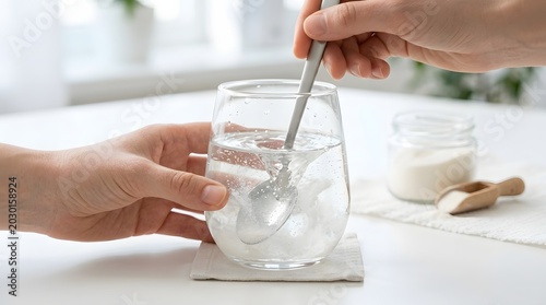 Close up of hands stirring collagen powder with spoon in glass of water for healthy lifestyle