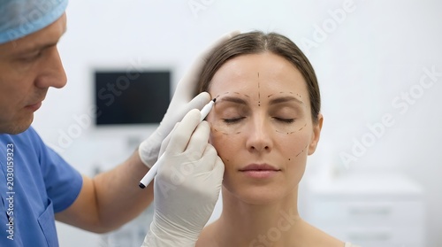 Plastic surgeon drawing correction lines on woman face before cosmetic surgery in medical clinic