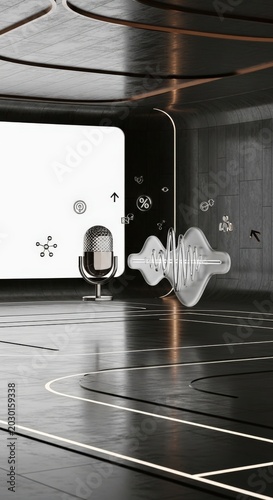 Conceptual Visualization of Global Corporate Podcast Governance and Leadership Storytelling, featuring Floating Glass Microphone and Silver Waveform Sculptures in a Futuristic Luxury Architectural 