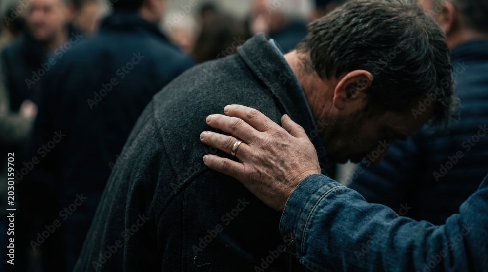 Fototapeta premium Close up of a comforting hand on the shoulder of a depressed senior man in a crowded room