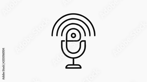 Podcast Microphone Logo: A minimalist line art logo features a vintage microphone with sound waves emanating from it, subtly incorporating the letter 'e' for an audio or broadcasting theme.