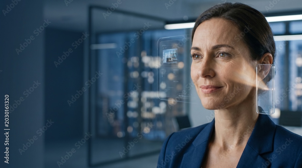 Fototapeta premium Professional woman wearing a futuristic wearable holographic device that displays digital information near her face in this modern business photo
