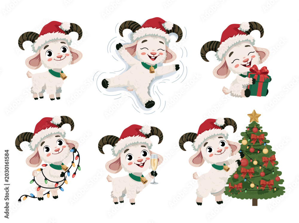 Fototapeta premium Cute Christmas goat collection flat vector illustration isolated on white background, kawaii 2027 year symbol cartoon character set for holiday design