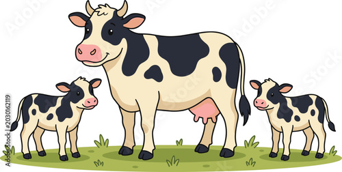Cartoon Smiling Mother Cow with Two Baby Calves Standing on Green Grass Patch for Farm, Dairy, and Animal Family Illustrations