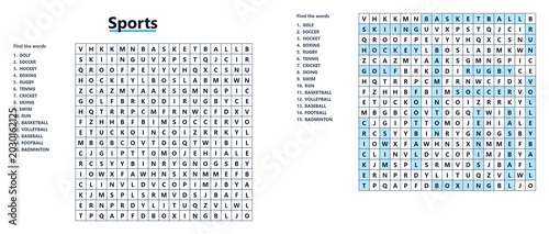 Bild auf Leinwand Word Search Crossword Puzzle - Sports Theme | Filword with Solution