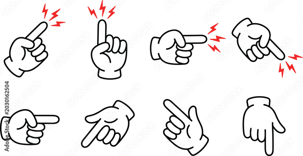 Fototapeta premium Cartoon Comic Style Hand Pointer and Finger Gesture Set Featuring Lightning Bolt Effects for Direction, Attention, and UI Design Illustrations