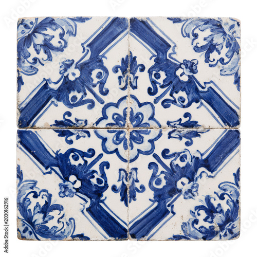 Traditional Portuguese azulejo tile painted in blue and white. Isolated white background. Png format