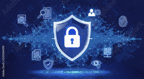 Tableau sur toile Digital security shield with network connections and icons representing data pro
