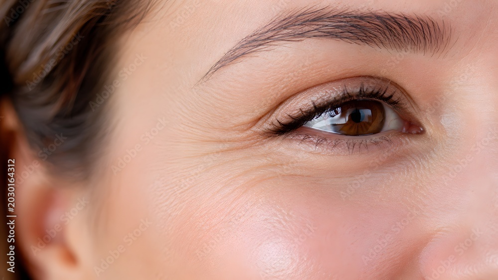Fototapeta premium Close up of woman eye showing wrinkles and crows feet lines anti aging skincare treatment