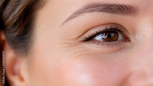 Close up of woman eye showing wrinkles and crows feet lines anti aging skincare treatment