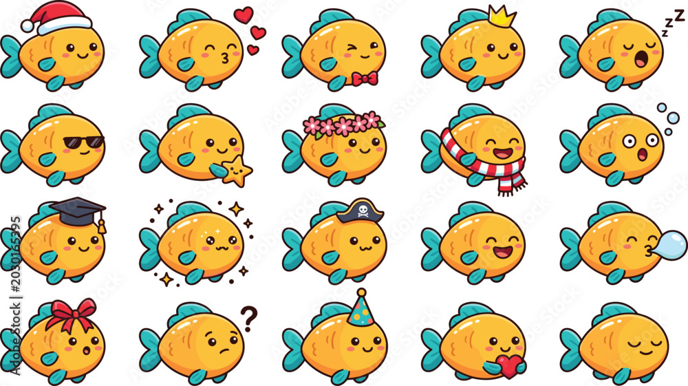 Fototapeta premium Cute Kawaii Fish Character Emoji Sticker Set Featuring Christmas, Graduation, Pirate, Crown, and Party Expressions for Social Media and Messaging Illustrations