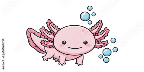 Cute pink smiling axolotl cartoon character.