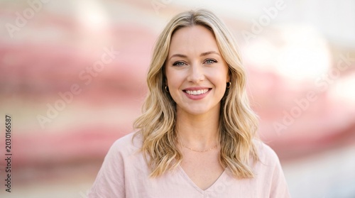 Confident blonde woman smiling warmly in light pink linen top, professional headshot portrait, approachable female entrepreneur, natural beauty, wellness, lifestyle, outdoor bokeh.