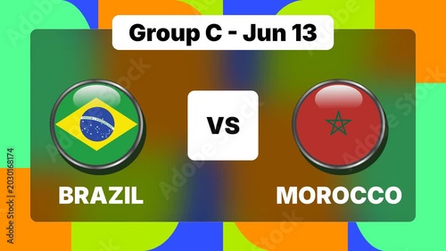 graphic for a football match between Brazil and Morocco. It has a colorful background with different shades of green, orange, yellow, and red.