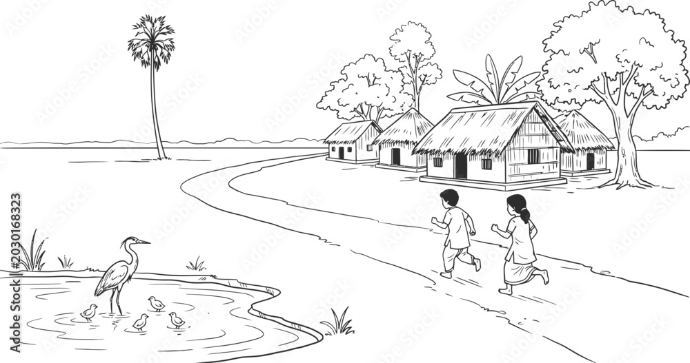 Obraz premium Rural village life sketch set. Hand drawn outline illustration of children playing, farming, and simple countryside living scenes.