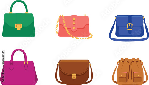 Flat Style Colorful Women's Handbag and Purse Set Featuring Tote, Clutch, Crossbody, and Bucket Bag Designs for Fashion and Shopping Illustrations