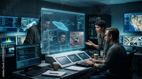 Team of scientists analyzing UFO radar data on futuristic holographic screen in control room. 
