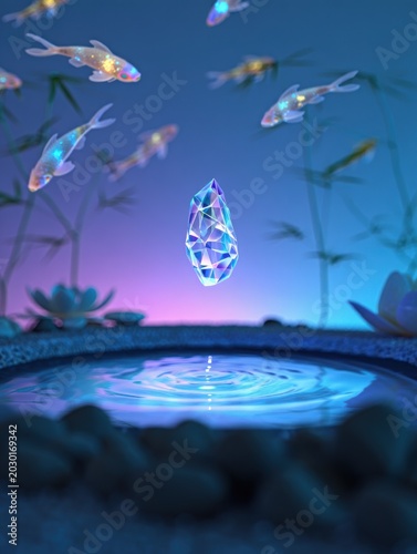 Mystical Crystal Floating Above Zen Pond with Glowing Fish