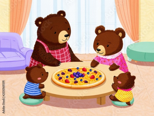 Family of Bears Enjoying a Fruit Pizza