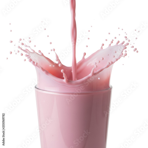 Vibrant pink strawberry milk splashes dynamically into a clear highball glass, creating an intricate crown splash and thousands of frozen droplets against a stark white background, conveying