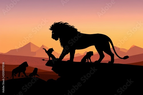 Lion Family Silhouette at African Sunset