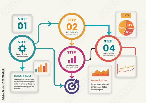 Business infographic template with 4 steps process flow chart, business icons, and data analysis charts on a grid background. Vector illustration