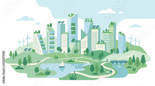 Vector 2D Flat Illustration of a Lush Sustainable Eco City with Green Skyscrapers Covered in Vegetation, Solar Panels, Wind Turbines, Lake and Parks in Fresh Green and Light Blue Tones