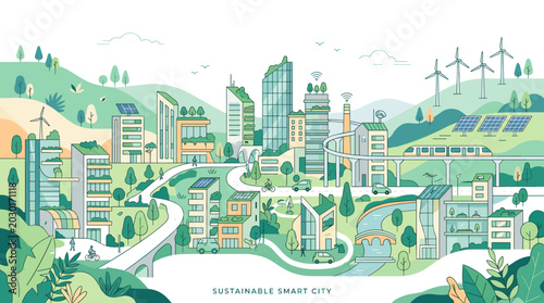 Vector 2D Flat Illustration of Eco-Friendly Sustainable Green City with Modern Buildings, Wind Turbines, Solar Panels, River and Lush Hills in Fresh Green Tones