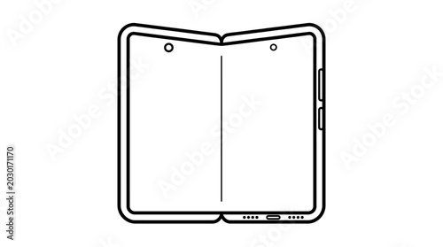 Line art illustration of an open foldable smartphone or tablet showing its dual screens and hinge.
