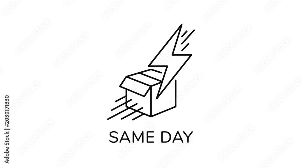 Fototapeta premium Line art icon representing same day delivery service with a cardboard box, speed lines, and a lightning bolt symbol.