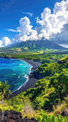 Lush green island with black sand beach meets turquoise ocean