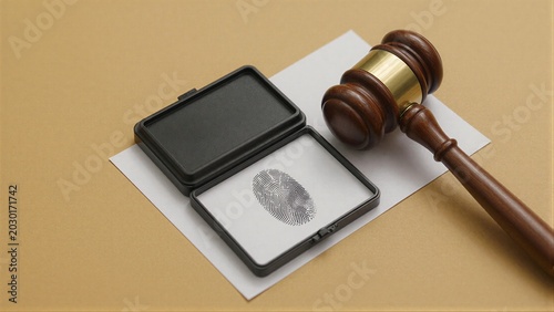 Fingerprint on ink pad beside wooden gavel symbolizing legal identity