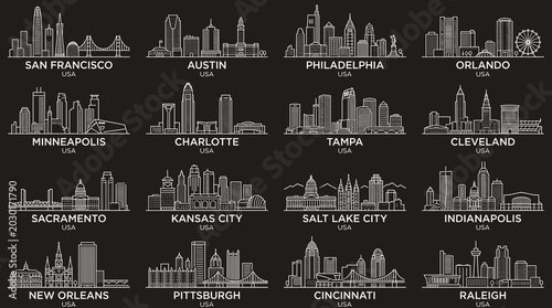 American City Skyline Silhouette Collection Featuring San Francisco, Austin, Philadelphia and Other USA Downtown Landmarks in Minimal Monoline Style