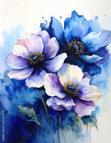 Delicate watercolor blossoms in varying shades of blue and white, with yellow centers