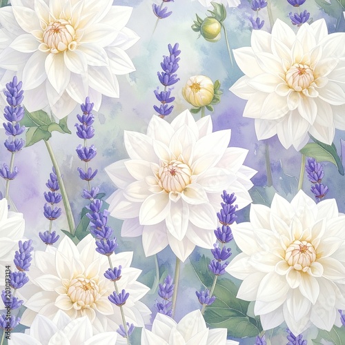 Delicate white dahlias and lavender sprigs bloom against a soft, hazy watercolor background