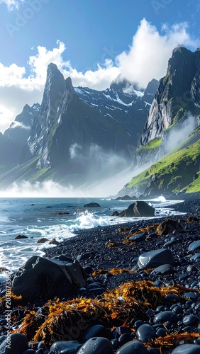 Dramatic black sand beach meets misty, rugged mountains under a vast sky