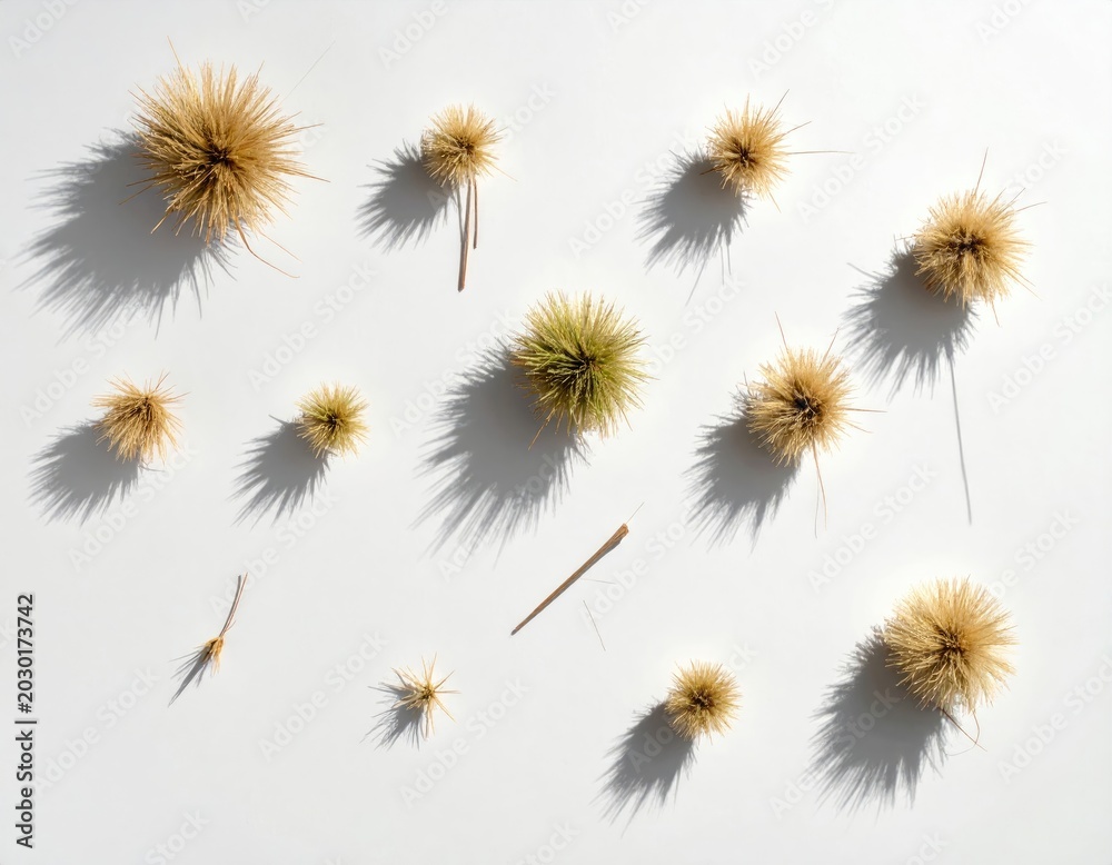 Obraz premium Overhead view of dried, spiky seed pods and stems scattered on a white surface
