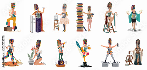 Obraz na płótnie Set of twelve illustrations featuring a fabulous drag queen in various creative and expressive poses, showcasing different themes from literature to performance
