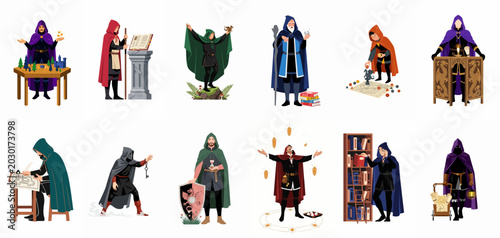 Canvas Print Set of flat vector illustrations featuring fantasy role-playing game characters, dungeon masters, mages, and wizards with various magical items and gaming accessories