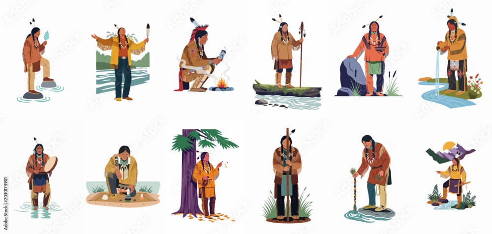 Fototapeta premium Collection of flat vector illustrations depicting Native American men performing sacred traditional ceremonies and rituals in various natural environments.