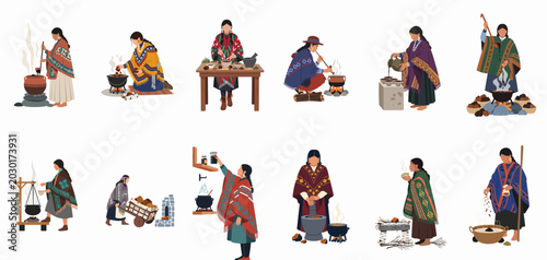 Photos Collection of flat vector illustrations featuring indigenous Andean women in traditional dress performing ancestral cooking, herbal preparation, and domestic tasks on white background