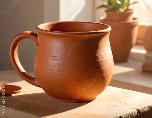 Earthenware jug with handle and textured surface, near plants