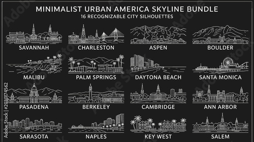 Minimalist Urban America Skyline Bundle with Recognizable USA City Silhouettes in Monoline Vector Style on Dark Background