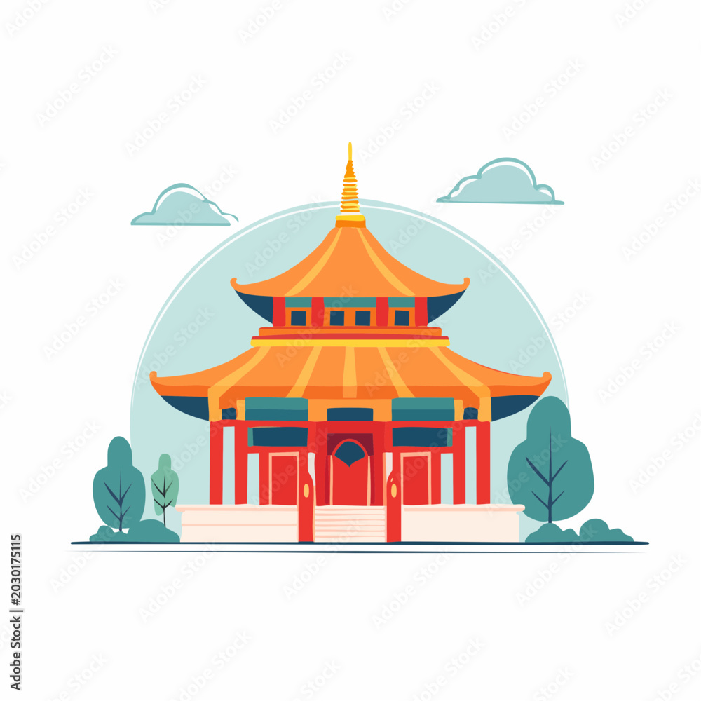 Naklejka premium Traditional Asian Pagoda Temple Illustration