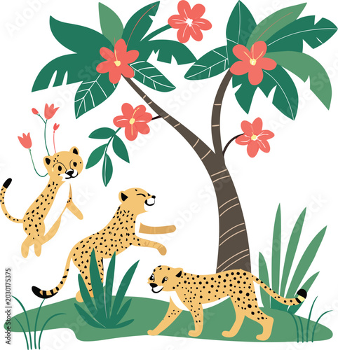 Photography Cheetahs, tropical jungle animals, wildlife illustrations, colorful safari icons