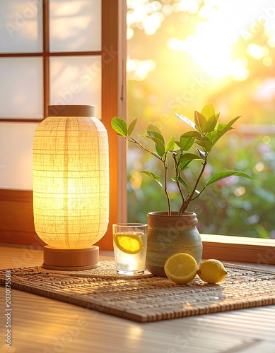 Warm morning light illuminates a Japanese room with a lantern, tea, and lemons