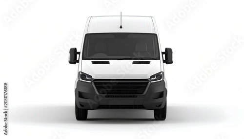 White commercial cargo van, front view, modern design, studio lighting